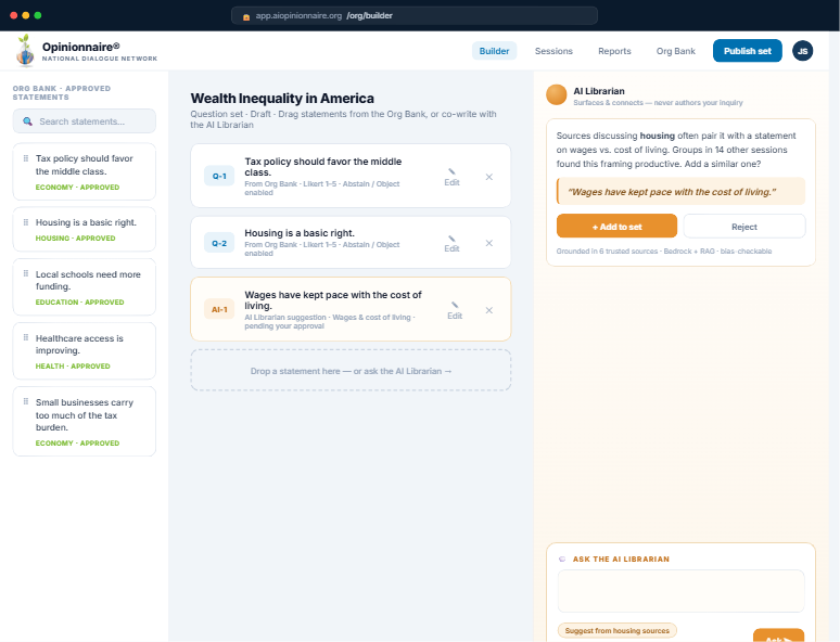 Build screen: dragging approved statements from the Org Bank while the AI Librarian suggests a related question for approval