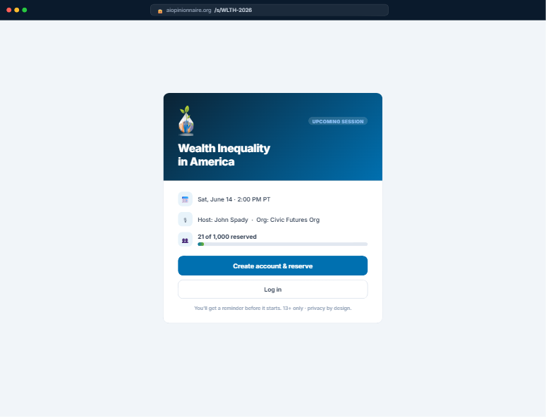 Reserve screen: session landing page with date, host, org, and a reserve-your-seat button
