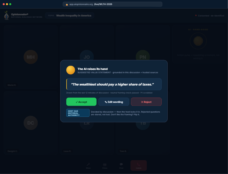 Host screen: AI hand-raise panel suggesting a value statement with Accept, Edit, and Reject controls