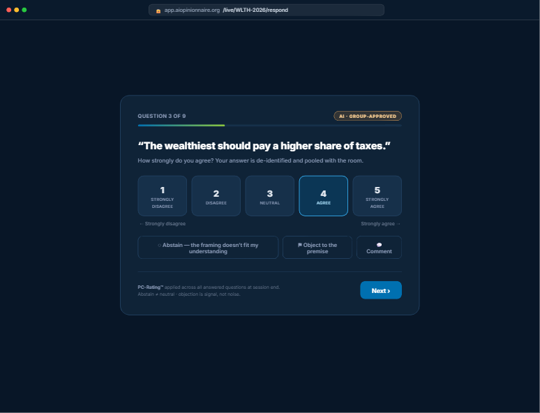 Answer screen: a 1-5 Likert question with Abstain, Object, and Comment options